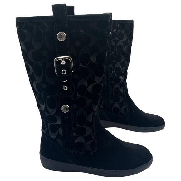 Coach Tulip Buckle Signature Logo Embossed Suede Winter Boots Black Size 6M - Picture 1 of 11